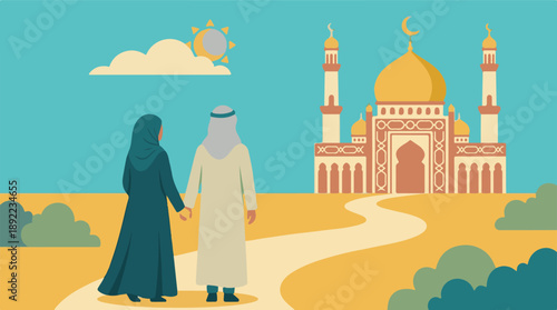 Muslim couple walking hand in hand towards a mosque under sunny sky