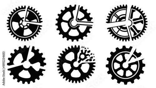 Set of six broken gear icons representing mechanical failure and disruption.