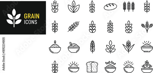 Grain icons set with wheat ears leaves bowls flour and bread elements, clean outline style agriculture food symbols for packaging branding ui vector design