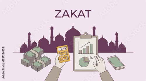 Zakat Islamic Charity Calculation with Money, Calculator, and Mosque