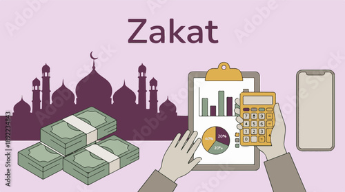 Zakat concept: calculating and giving alms with money, mosque, and tools