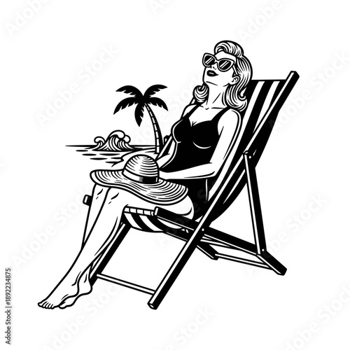 Vintage Pin-Up Woman Relaxing on Beach Chair in Swimsuit.
