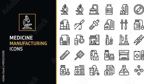 Medicine manufacturing icons set with laboratory tools bottles pills and equipment, clean outline style pharmaceutical production symbols for healthcare industry vector design projects