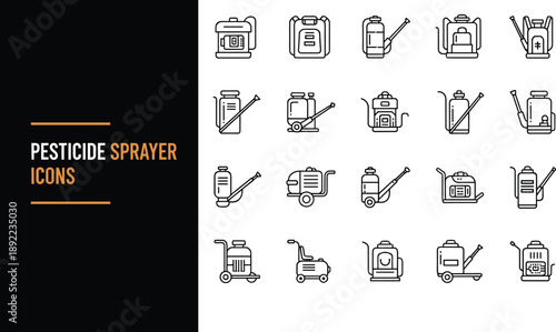 Pesticide sprayer icons set with backpack wheeled and hand pump sprayers, clean outline style agriculture pest control equipment symbols for farming vector design