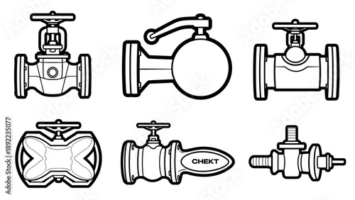 Collection of various industrial valves for plumbing and fluid control systems.