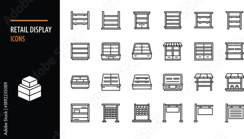 Retail display icons set with shelves racks counters kiosks and showcases, clean outline style store merchandising furniture symbols for shop interior vector design