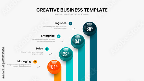 Creative Insight Slide Layout Vector Illustration. Colorful Development 4 Element Chart Slideshow Design. Clean Showcase Four Option Infographic Frame Template.