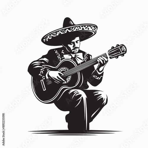 Mexican Mariachi Musician Playing Guitar in Traditional Sombrero at Celebration 