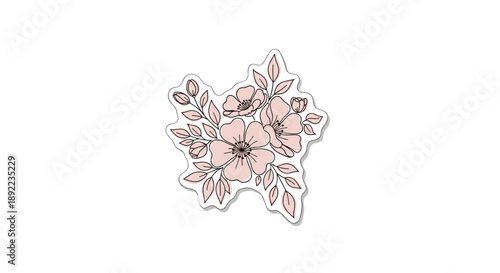 Blush floral sticker featuring delicate pink flowers and leaves, beautifully isolated on a crisp white background