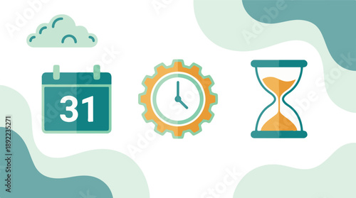 Time management, scheduling, and planning concept with calendar, clock, hourglass icons