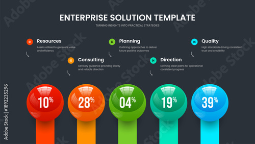 Enterprise Strategy Five Element Graph Frame Template. Clean Introduction 5 Option Infographic Presentation Design. Digital Proposal Slide Layout Vector Illustration.