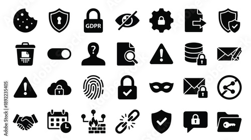 Digital privacy, data security, and cybersecurity vector icon set