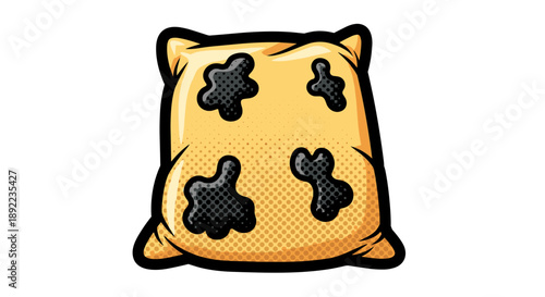 Cartoon-style illustration of an oily bag with dark stains, isolated on a clean white background, featuring bold outlines and vibrant colors