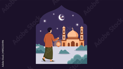 Muslim man with lantern walking to mosque under a starry night sky