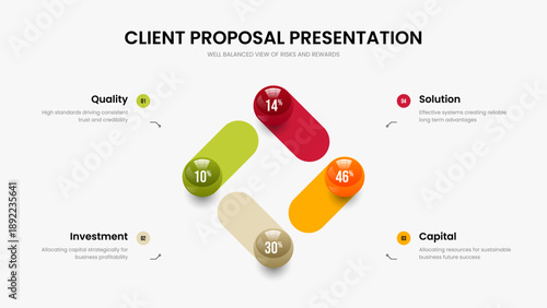 Visual Proposal Frame Design Vector Illustration. Financial Portfolio 4 Step Graph Presentation Layout. Market Showcase Four Element Infographic Slide Template.