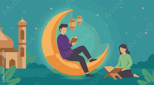 Ramadan Kareem night with couple reading Quran, mosque, and crescent moon