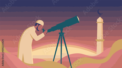 Muslim man observes the new moon with telescope for Islamic holiday celebration