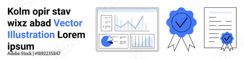Analytical charts with pie and bar graphs, blue certification ribbons, and official legal document. Ideal for business, success, analytics, achievement, education, strategy professional branding