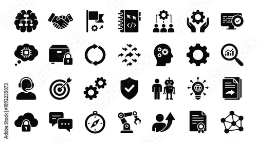Business and Technology Icons Set: Strategy, Data, AI, and Innovation