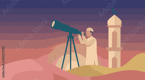 Muslim Man Observing Crescent Moon with Telescope Near Mosque