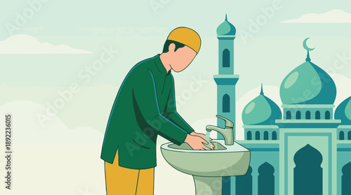 Muslim man performing Wudu (ablution) ritual near a mosque