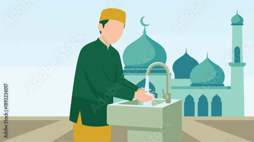 Muslim man performing ablution (wudu) at a mosque before prayer