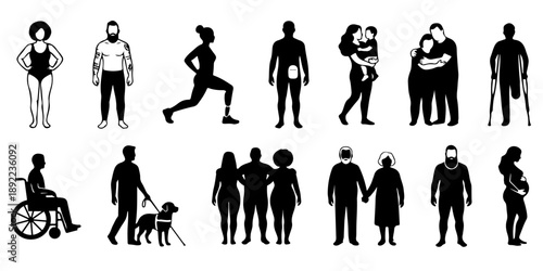 Diverse people silhouettes set featuring disability, accessibility, inclusivity, pregnancy, elderly couple, and body positivity isolated on transparent