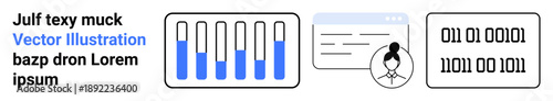 Test tubes with blue liquid, user profile in a web interface, and binary code highlight tech themes. Ideal for science, research, programming, AI, data analysis, user interface simple landing page