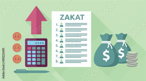 Islamic Zakat charity calculation and donation concept with financial elements
