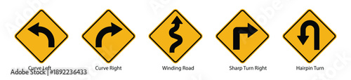 yellow curve and winding road traffic warning sign set sharp turn hairpin symbol