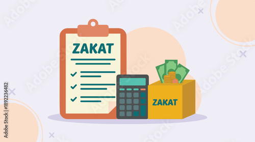 Islamic Zakat charity payment and calculation concept illustration