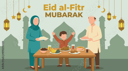 Happy Muslim family celebrating Eid al-Fitr with festive meal and decor