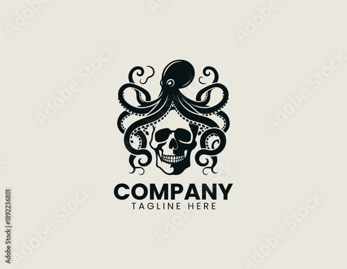 Human skull combined with octopus tentacles is isolated on plain background artistic