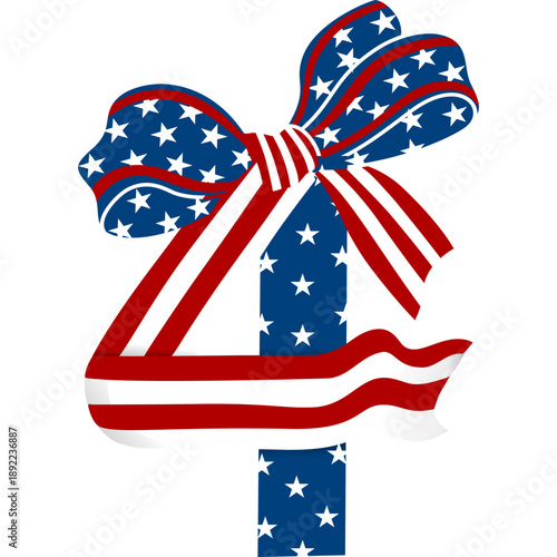 Patriotic number four decorated with ribbon in American flag colors, isolated on transparent background, perfect for Fourth of July and USA celebration designs.