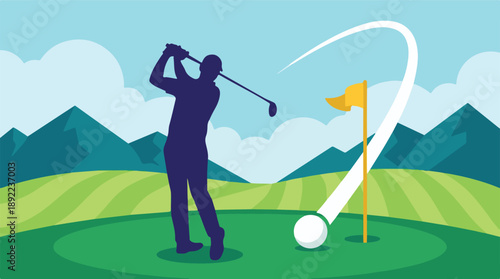 Golfer teeing off on a scenic golf course with mountains and a flag