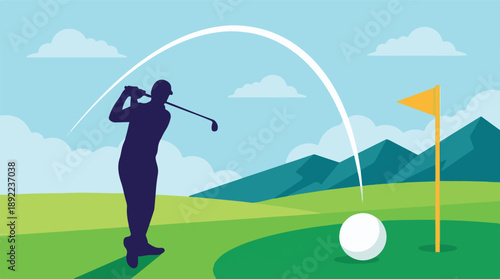 Golf player swinging a club on a green with mountains and clouds in the background