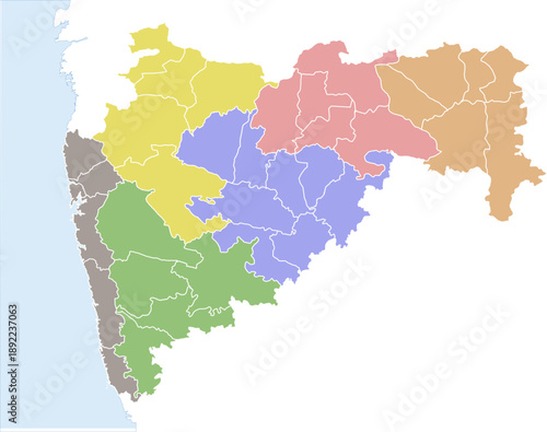 Illustrative Color Map of Maharashtra Division Wise with Ocean Background