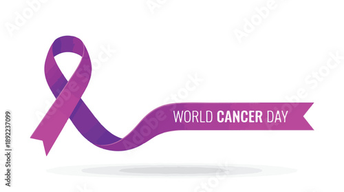 World Cancer Day awareness ribbon graphic with text on white background