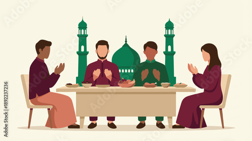 Muslim family praying together for Iftar during Ramadan with mosque background