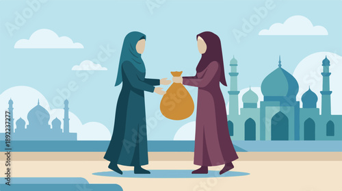 Muslim women sharing a bag, depicting charity and generosity with mosques