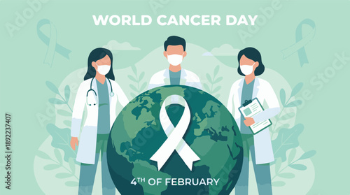 World Cancer Day global awareness with healthcare professionals and ribbon