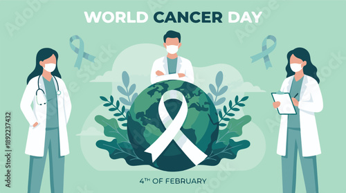 World Cancer Day illustration with medical staff, globe, and awareness ribbon