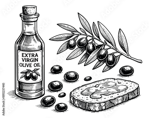 Hand drawn line art food set featuring an olive oil bottle, olive branch, and bread for cooking and healthy eating