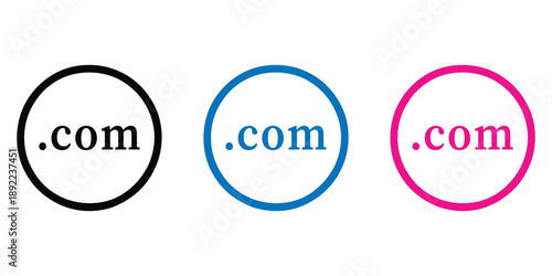 Three colorful .com icons representing website domains and internet