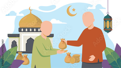 Islamic charity and giving concept with money bags, mosque, and crescent moon