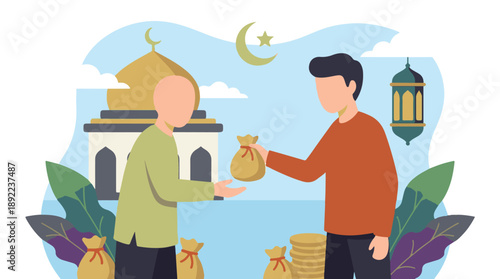 Islamic Charity and Donation Concept with Men Exchanging Money Bags
