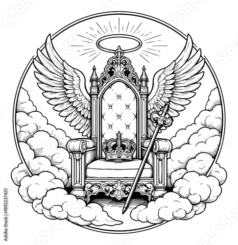 Hand drawn line art illustration of a majestic throne depicting regal wings, a crown, a sword, and a halo amidst clouds for concepts of power, divinity, and fantasy