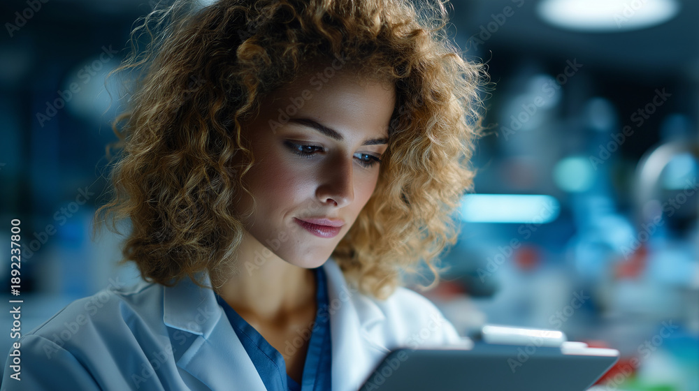 Obraz premium Faceless student or woman on tablet in lab for medical research, discovery or genes info, girl learning, scientist intern reading pharmaceutical report, futuristic genetic developm