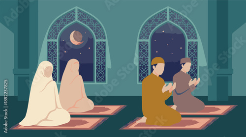 Muslim men and women kneeling in prayer indoors at night