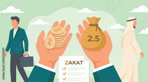 Zakat payment concept in Islamic finance and charity, Muslim wealth obligation